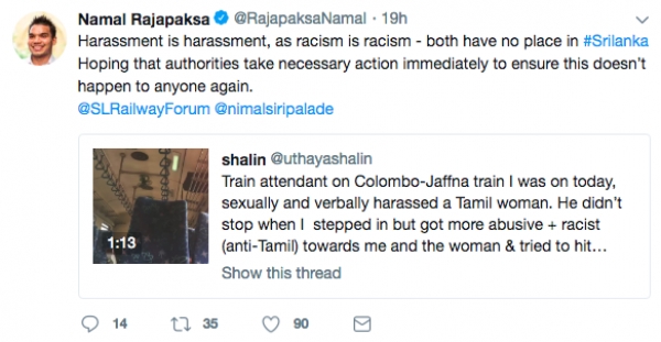 Namal Calls Out Harassment Of Tamil Woman On Train: Tweets Harassment And Racism Has No Place In Sri Lanka