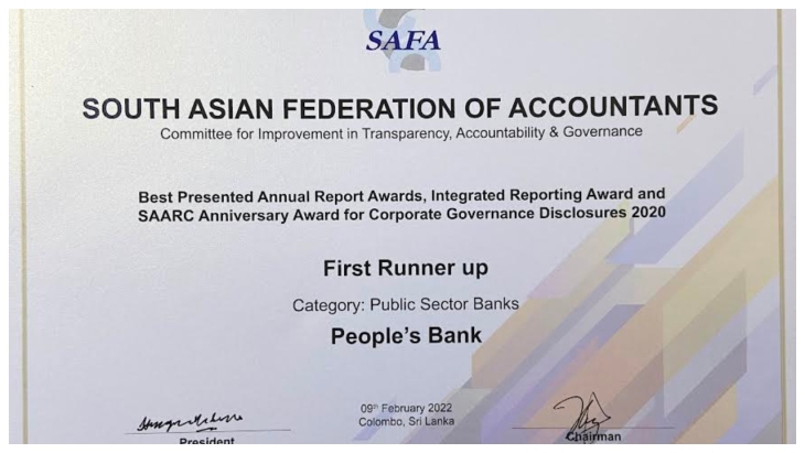 People&#039;s Bank recognized at SAFA Awards for its 2020 Annual Report