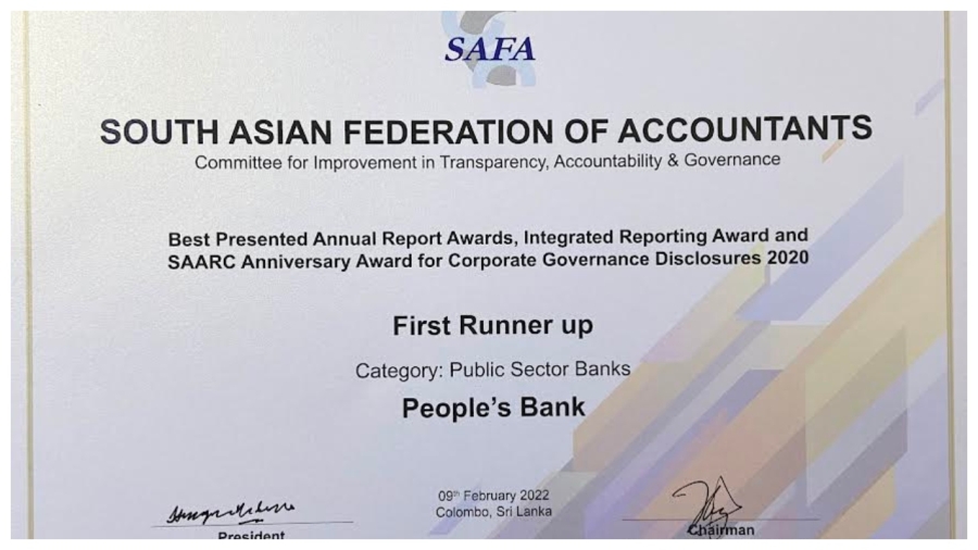 People's Bank recognized at SAFA Awards for its 2020 Annual Report