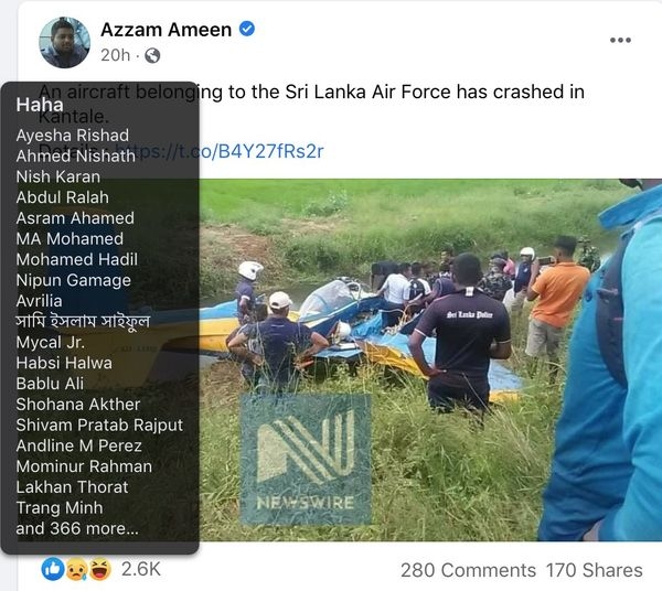Inappropriate Reactions To Aircraft Crash Indicates Well-Planned &quot;BOT Operation&quot; To Stoke Racism Among Sri Lankan Facebook Users?
